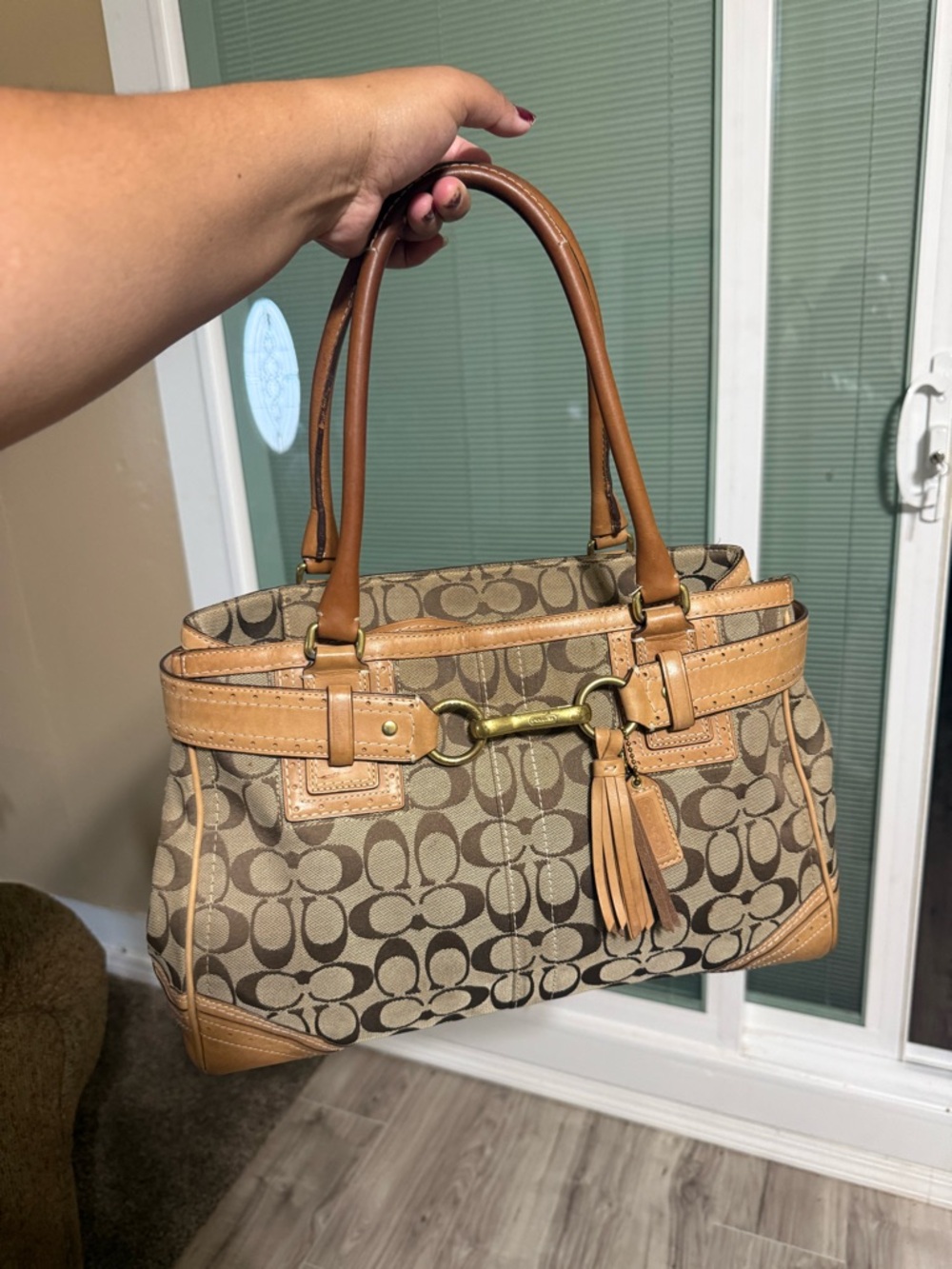 Coach bag Brown Signature-Patterned Shoulder Bag with Tassel Accent